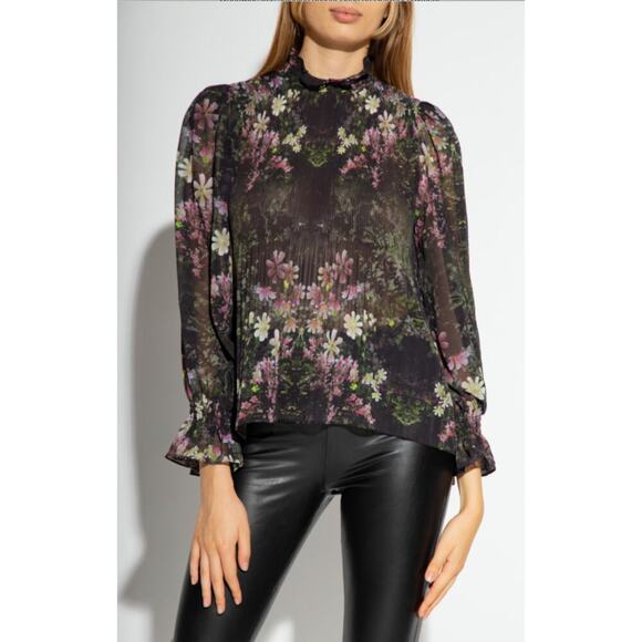 All Saints Cora Floral Top Pleated Blouse Sheer Black Ruffle Collar Neck Sz 4 - Picture 1 of 9